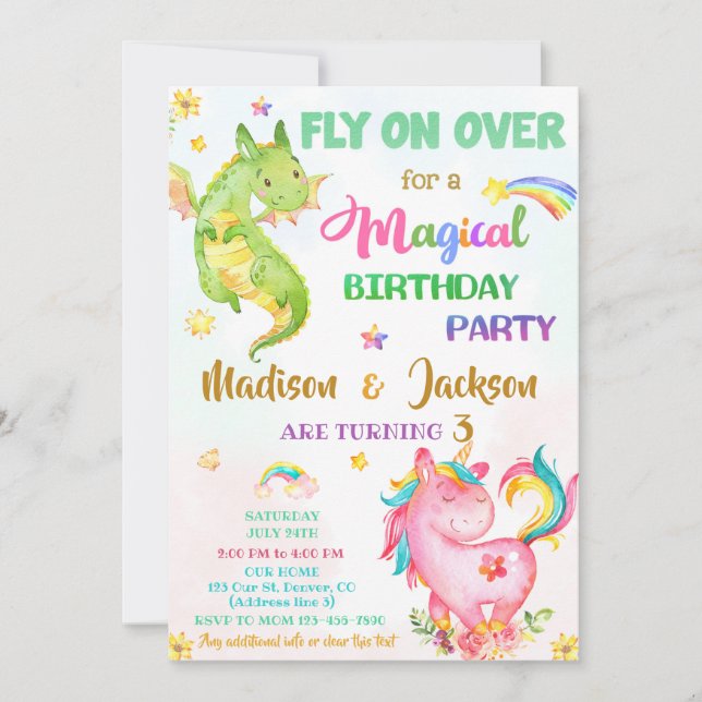 Dragon und Einhorngeburtstag Einladung Junge & Mäd (Vorderseite)