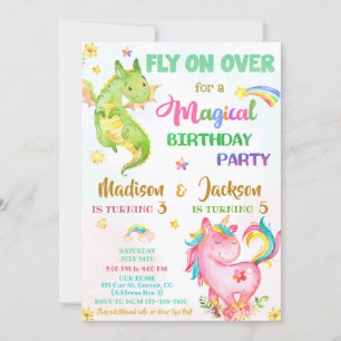 Dragon und Einhorngeburtstag Einladung Junge & Mäd