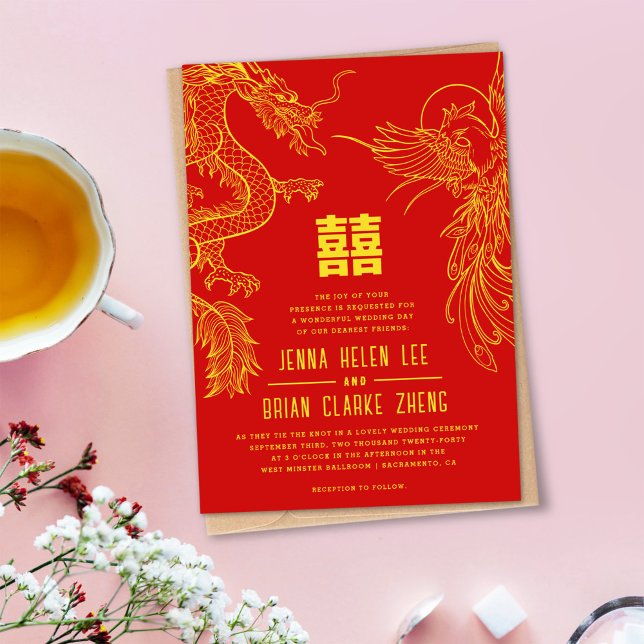 Dragon und Phoenix doppeltes Glück Gold+Rot Einladung (Von Creator hochgeladen)