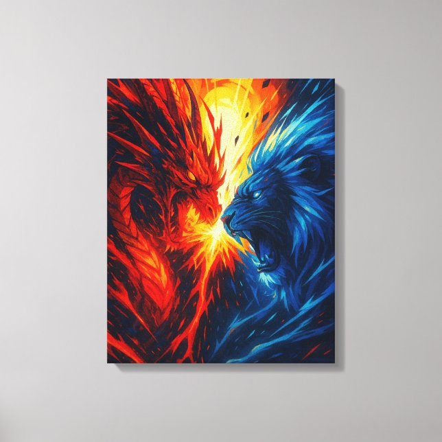 Dragon vs Lion Wall Art – Fire and Ice Clash Leinwanddruck (Vorderseite)