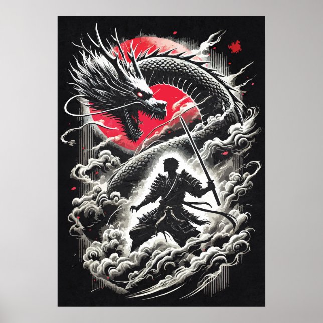 Dragon vs Samurai Warrior - Japanese Tattoo Poster (Vorne)