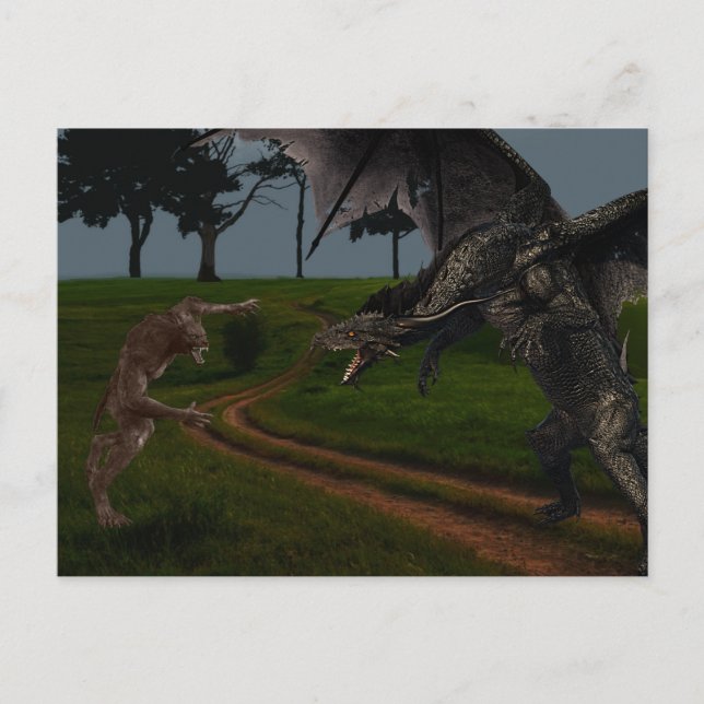 Dragon Vs Werewolf Fantasy Postkarte (Vorderseite)