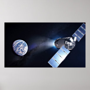 Dragon XL-Raumfahrzeug mit Planet Erde in der Fern Poster