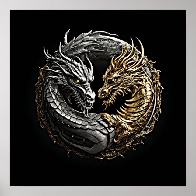 Dragon Yin Yang Art Gold und Silber Poster (Vorne)