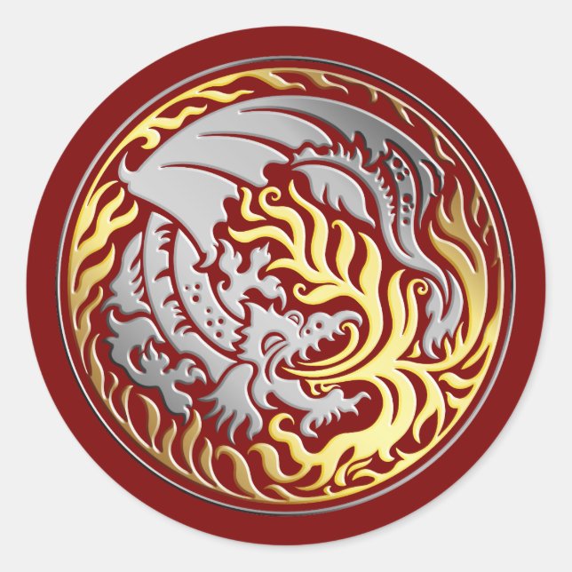Dragoncircle - Chrome mit Gold Fire on Red Runder Aufkleber (Vorderseite)