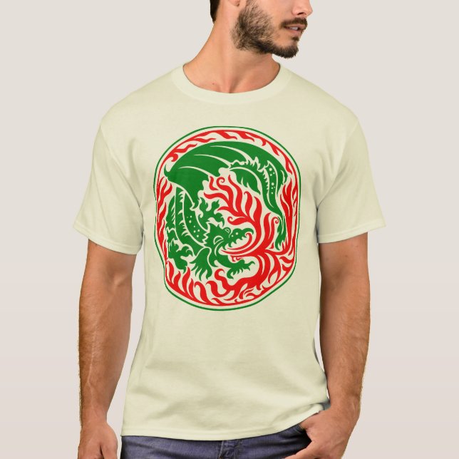 Dragoncircle - Grün mit rotem Feuer T-Shirt (Vorderseite)