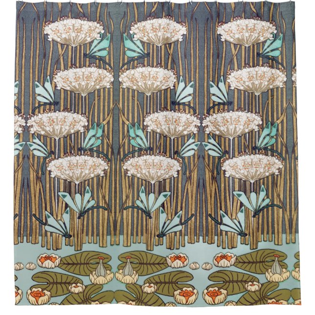 Dragonfis Water Lilies Marsh Art Nouveau Duschvorhang (Vorderseite)