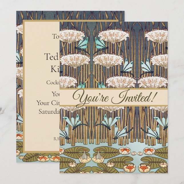 Dragonfis Water Lilies Marsh Art Nouveau Einladung (Vorne/Hinten)