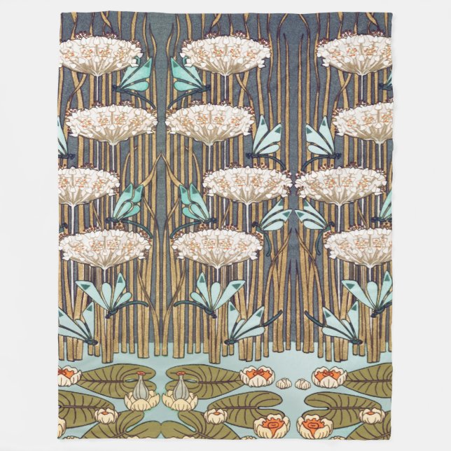 Dragonfis Water Lilies Marsh Art Nouveau Fleecedecke (Vorderseite)