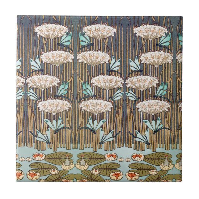 Dragonfis Water Lilies Marsh Art Nouveau Fliese (Vorderseite)