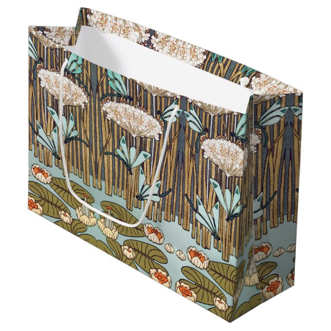 Dragonfis Water Lilies Marsh Art Nouveau Große Geschenktüte (Vorderseite Schrägansicht)
