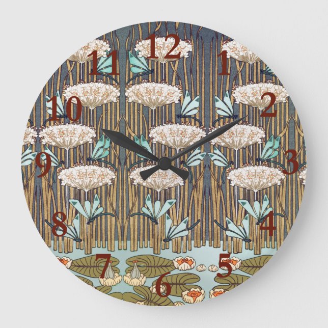 Dragonfis Water Lilies Marsh Art Nouveau Große Wanduhr (Vorderseite)