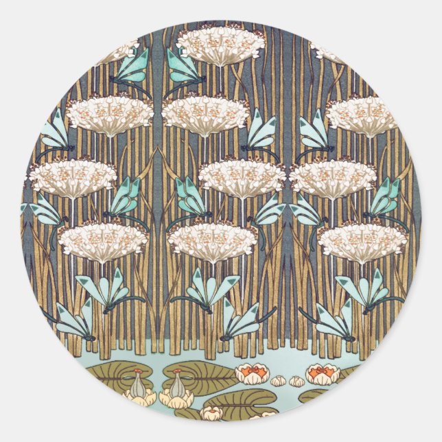 Dragonfis Water Lilies Marsh Art Nouveau Runder Aufkleber (Vorderseite)