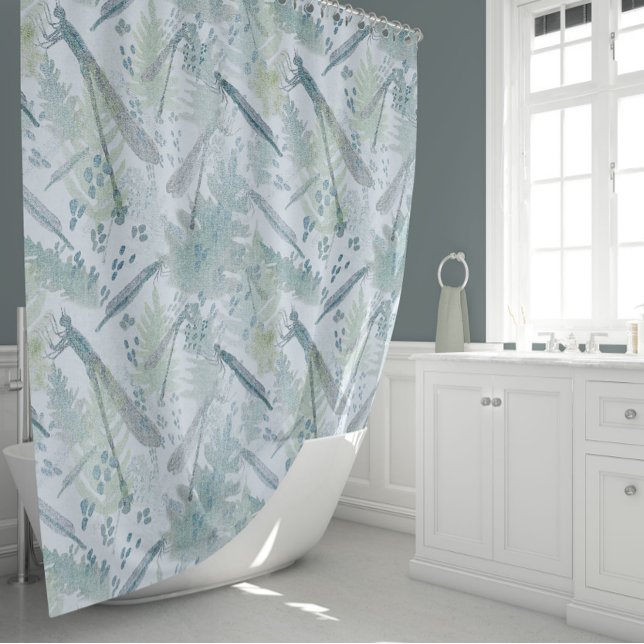 Dragonflies-Blues Duschvorhang (Dragonflies Delicate Fern Leaves Blues Greens Shower Curtain from Studio Posies.)