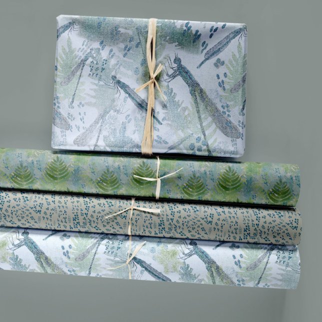 Dragonflies Floral Blue Trio Decoupage Geschenkpapier Set (Dragonflies Ferns Dew Drops Blues Greens Wrapping Paper Sheets from Studio Posies.)