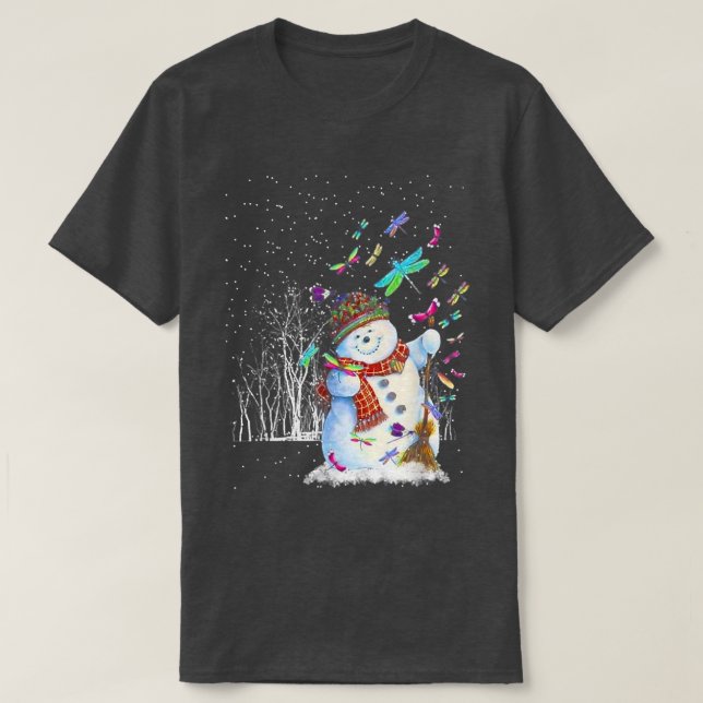 Dragonflies Snowman Scarf Weihnachtsbaumwald Wi T-Shirt (Design vorne)