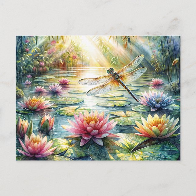 Dragonfly Above Pond Watercolor Postkarte (Vorderseite)