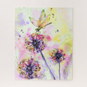 Dragonfly and Dandelions - Watercolor Painting  Puzzle