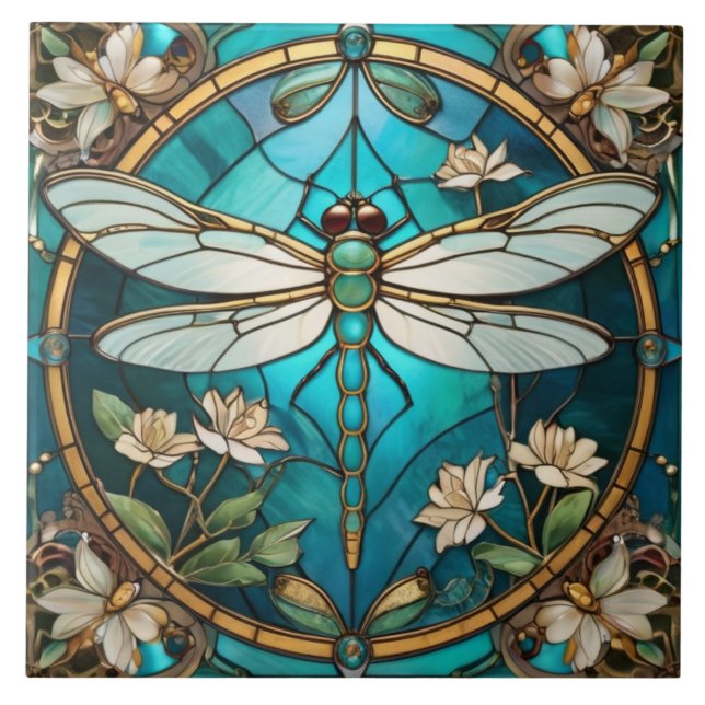 Dragonfly Art Nouveau Deko Aqua Fliese (Vorderseite)