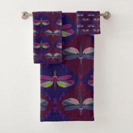 Dragonfly auf Dunkelrot und Lila mit Dashes Badhandtuch Set