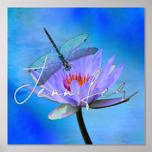 Dragonfly auf Water Lily w Foil Name Prints Foliendrucke