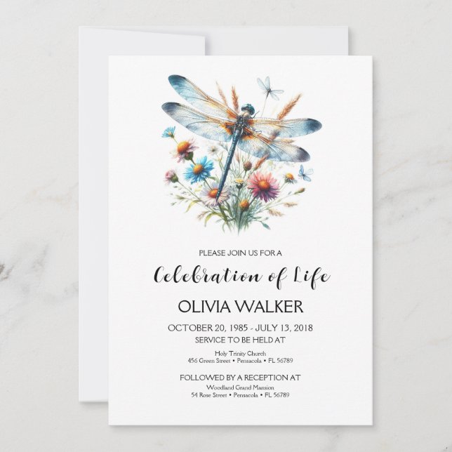 Dragonfly-Beerdigung feiert Leben Einladung (Vorderseite)