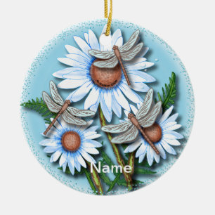 Dragonfly Blue Daisies Keramik Ornament