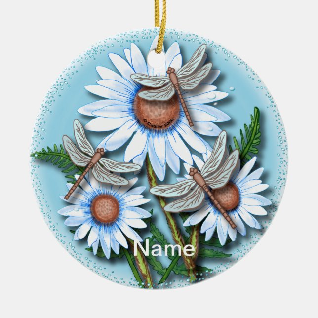 Dragonfly Blue Daisies Keramik Ornament (Vorne)
