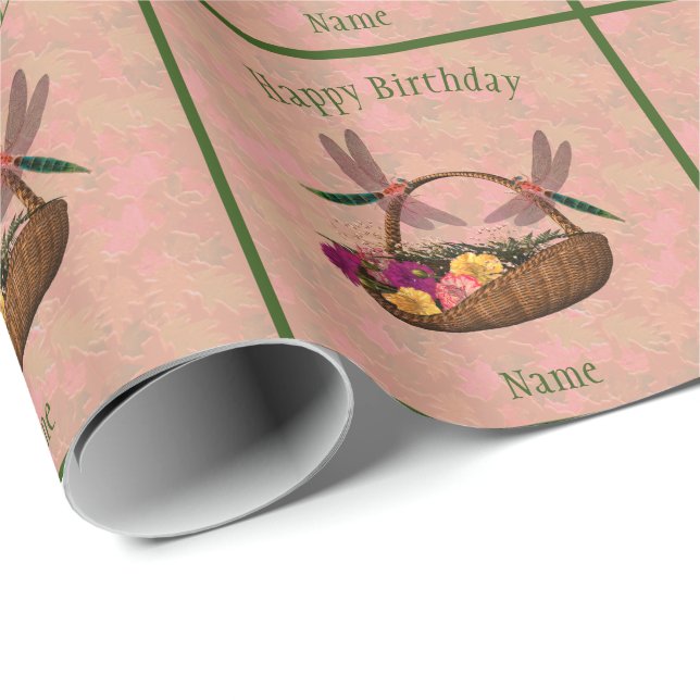 Dragonfly Blume Basket Kunst Personalisiert Geburt Geschenkpapier (Rolleneckpunkt)