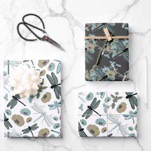 Dragonfly Chic Stilvolle Blume Blauer Grau Geschenkpapier Set