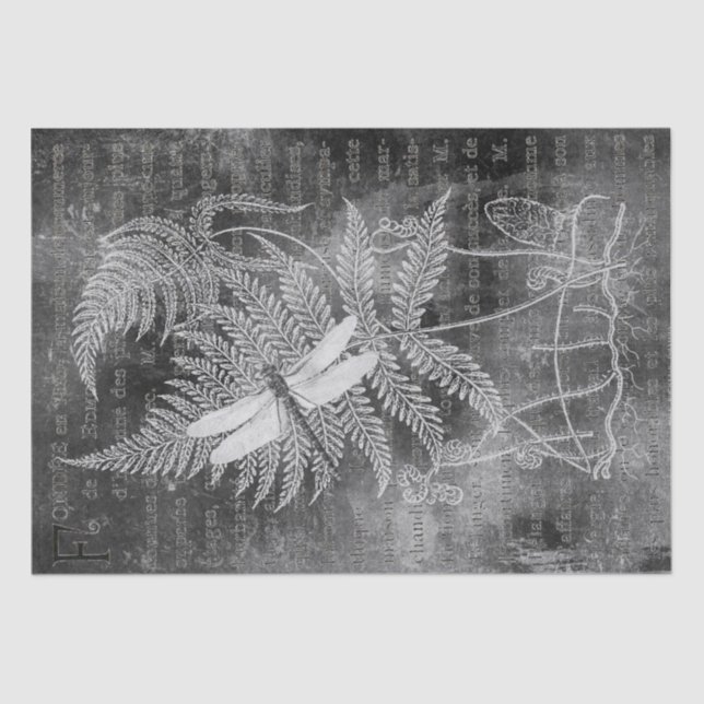 Dragonfly Fern French Grunge Chalkboard Decoupage Seidenpapier (Vorderseite)