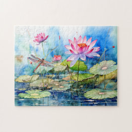 Dragonfly flying through pink water lilies puzzle