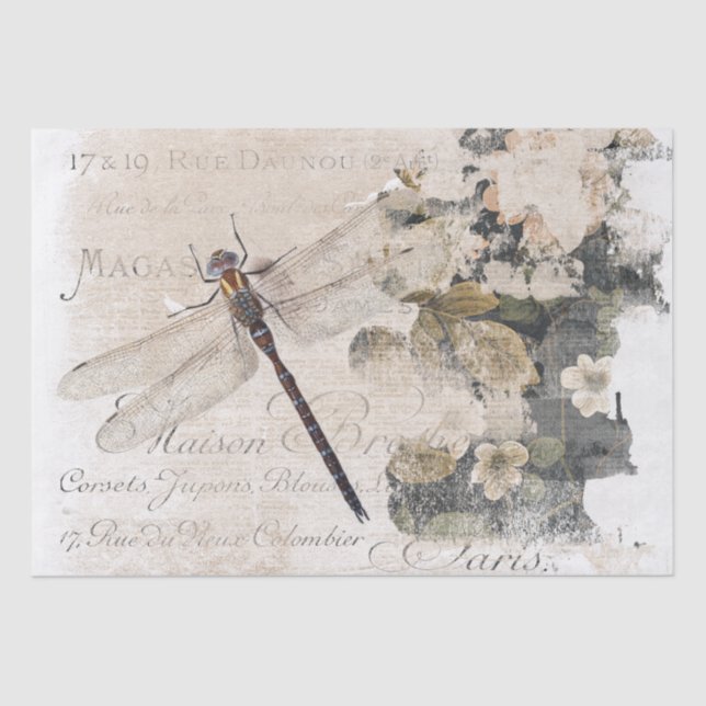Dragonfly French Script Shabby Floral Decoupage Seidenpapier (Vorderseite)