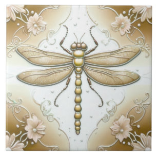 Dragonfly Gold und Weiße Blume Art Tan Brown Fliese