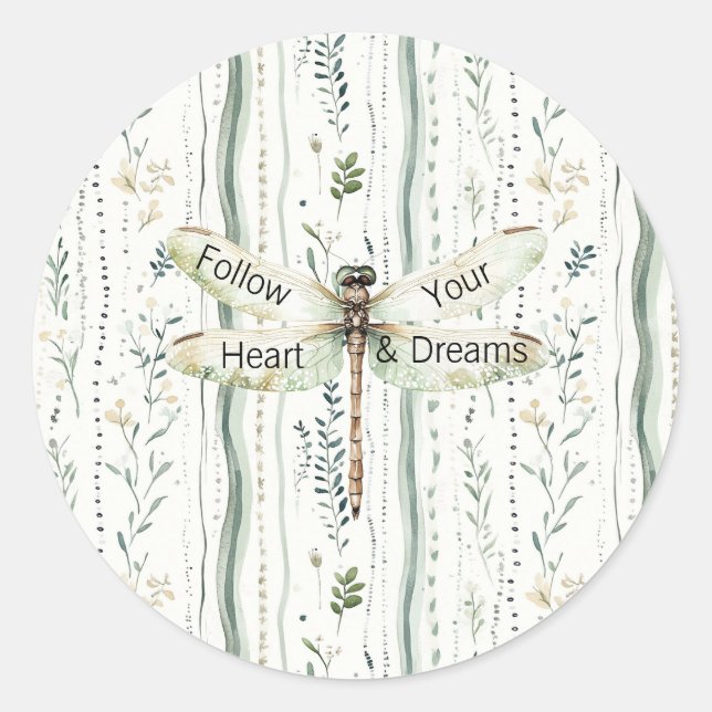 Dragonfly Green White Chic Floral Inspirational  Runder Aufkleber (Vorderseite)