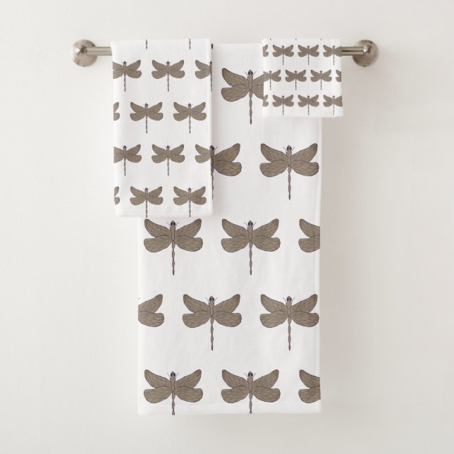 Dragonfly Illustration Muster Lila und Tan Badhandtuch Set (Insitu)
