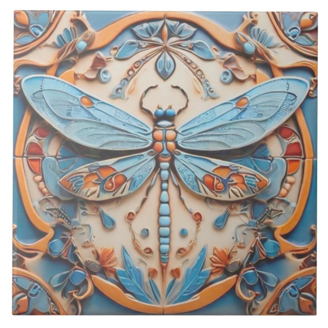 Dragonfly in dekorativem Blau und goldgelb Fliese (Vorderseite)