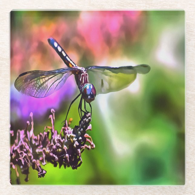 Dragonfly in grüner und blauer realistischer Maler Glasuntersetzer (Vorderseite)