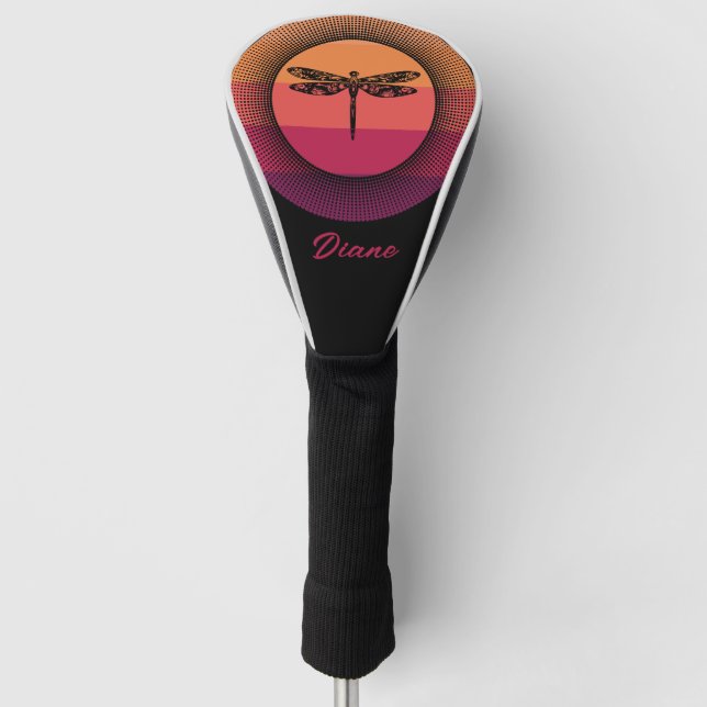 Dragonfly in Retro Sunset mit Namen Golf Headcover (Vorderseite)