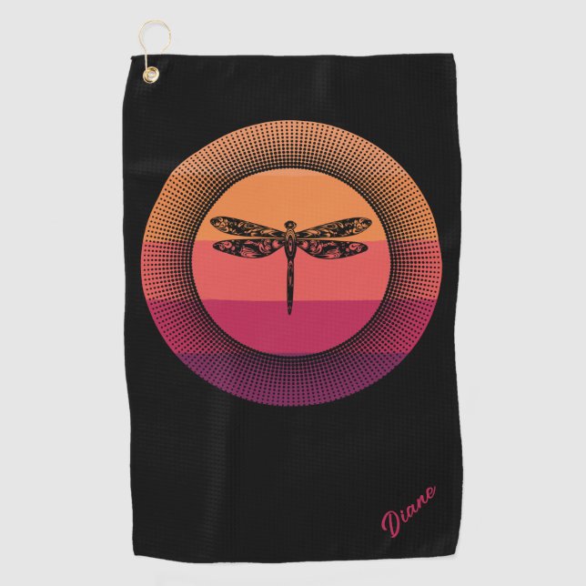 Dragonfly in Retro Sunset mit Namen Golfhandtuch (Vorderseite)