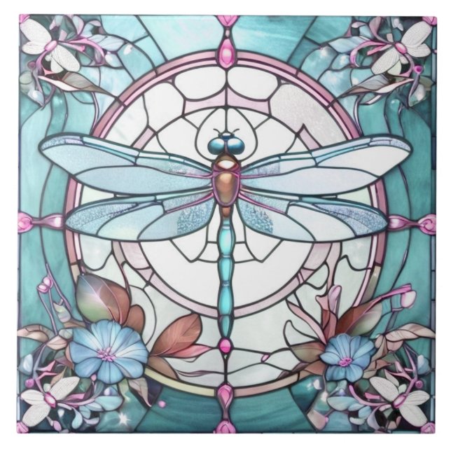 Dragonfly Light Blue und White Stached Glass Fliese (Vorderseite)