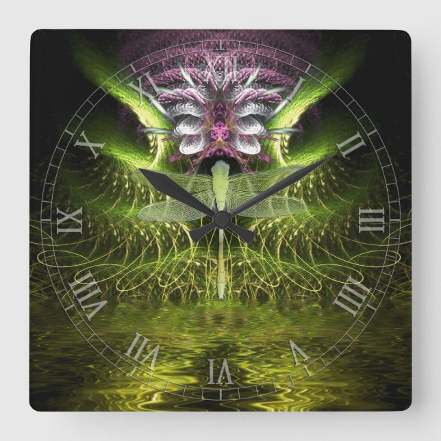 Dragonfly Magic Fraktal Kunstgalerie Quadratische Wanduhr (Vorderseite)