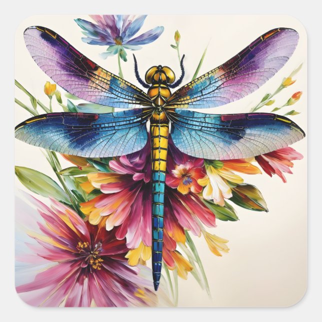 Dragonfly mit Blume Multicolor Art Quadratischer Aufkleber (Vorderseite)