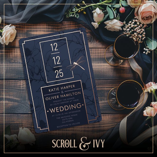 Dragonfly & Modern Blue Floral Foil Einladung (Von Creator hochgeladen)