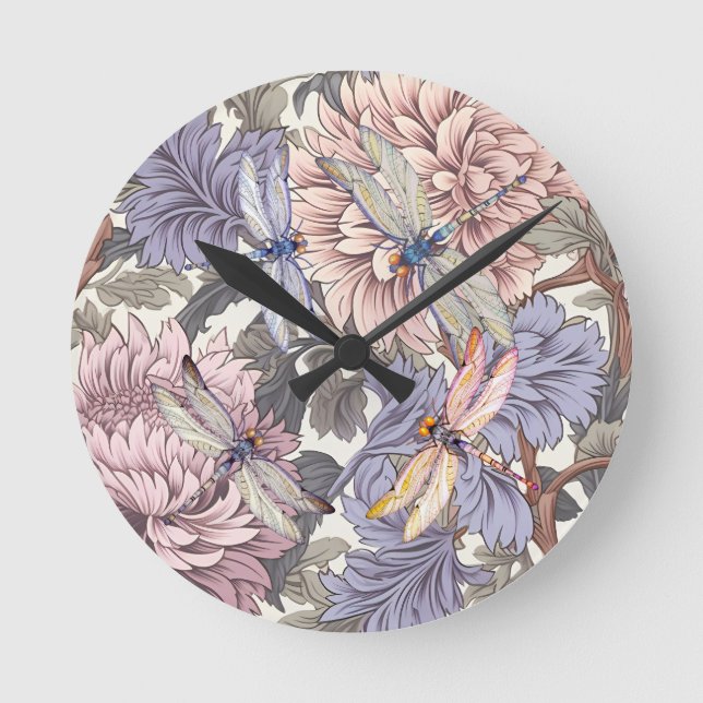 Dragonfly Peony Pink Light Lila Runde Wanduhr (Vorderseite)