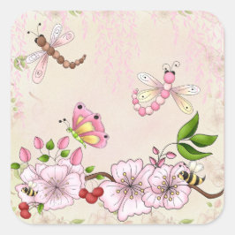 Dragonfly Pink Cherry Blossom Geschichte Illustrat Quadratischer Aufkleber