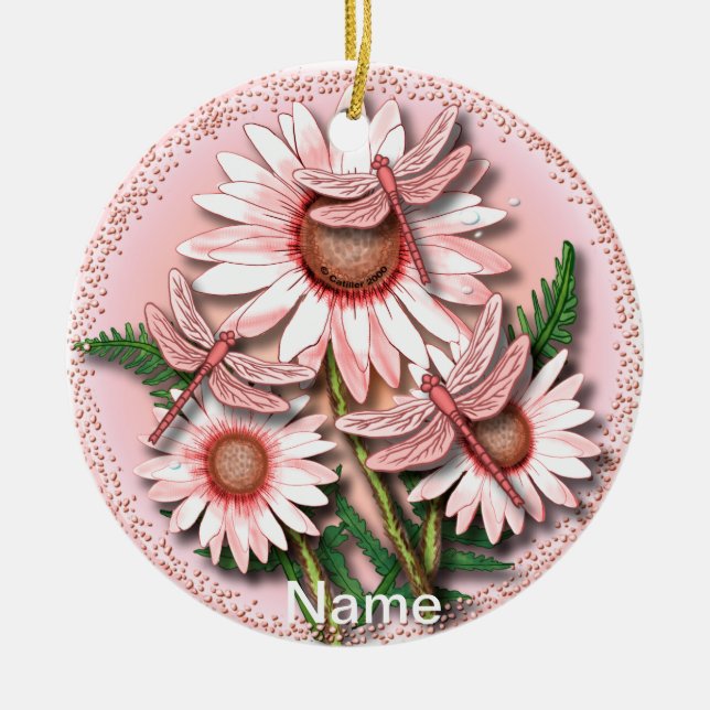 Dragonfly Pink Daisies Keramik Ornament (Vorne)
