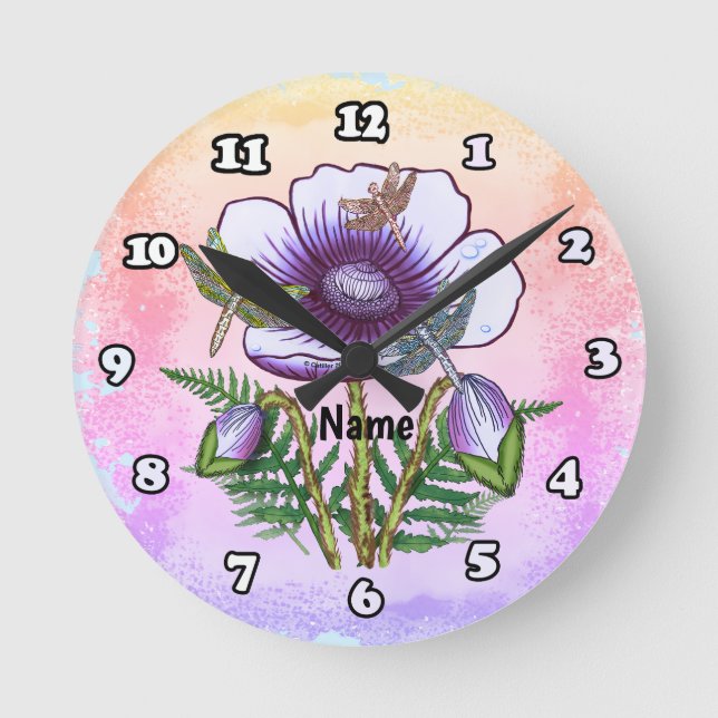 Dragonfly Purple Poppy Round Clock Runde Wanduhr (Vorderseite)