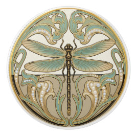 Dragonfly Sage Green & Gold Art Deco Nouveau Keramikknauf