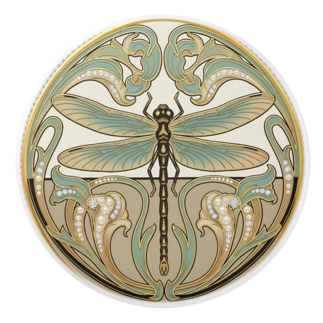 Dragonfly Sage Green & Gold Art Deco Nouveau Keramikknauf (Vorderseite)